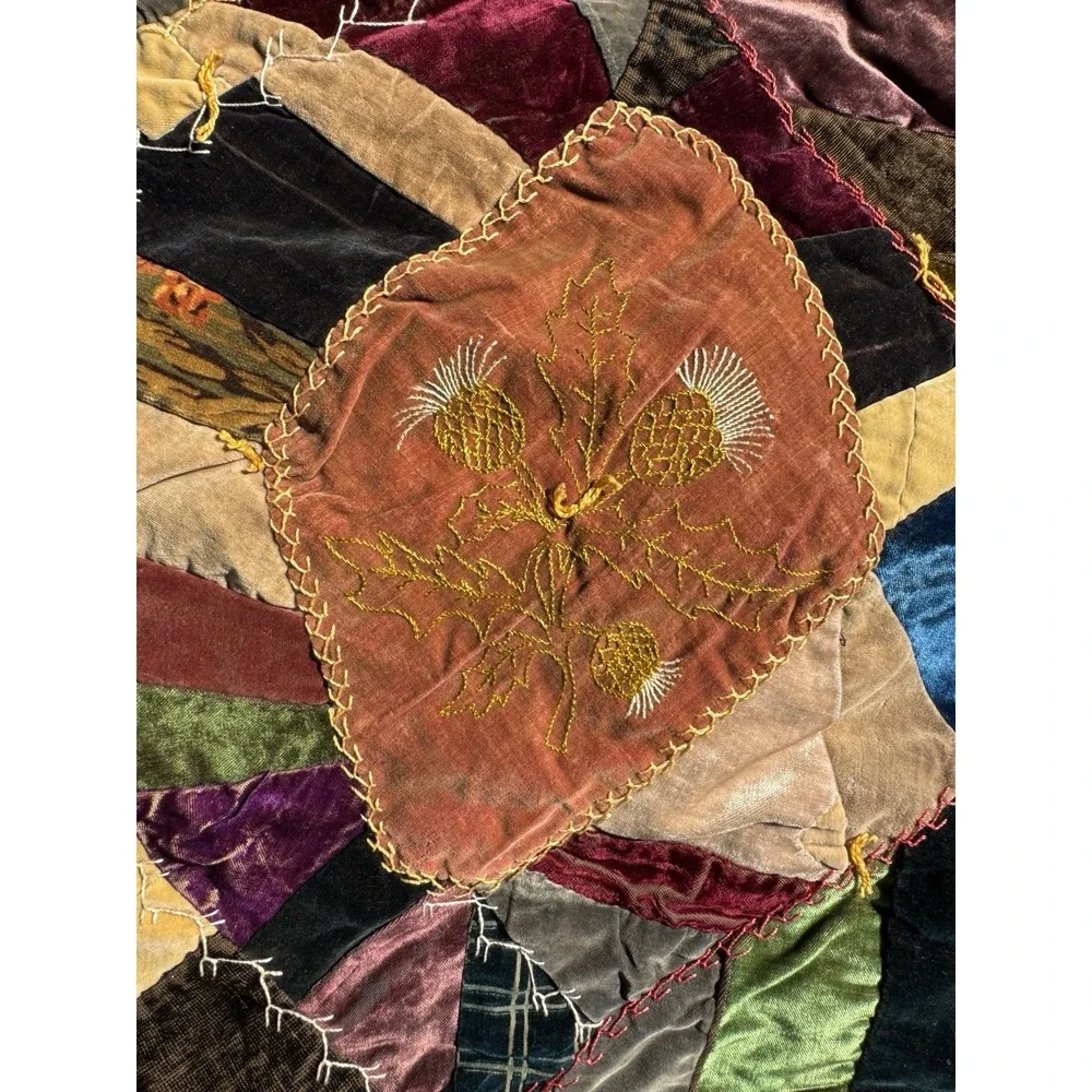 Antique Victorian Crazy Quilt Velvet Silk Hand Stitched‎ Painted 77x71 c1885